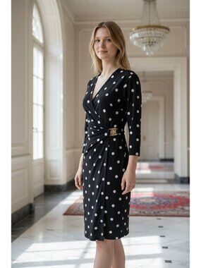 Anne Klein Black White Polka Dot Faux Wrap Chic Dress Gold Accent Size 2 Petite